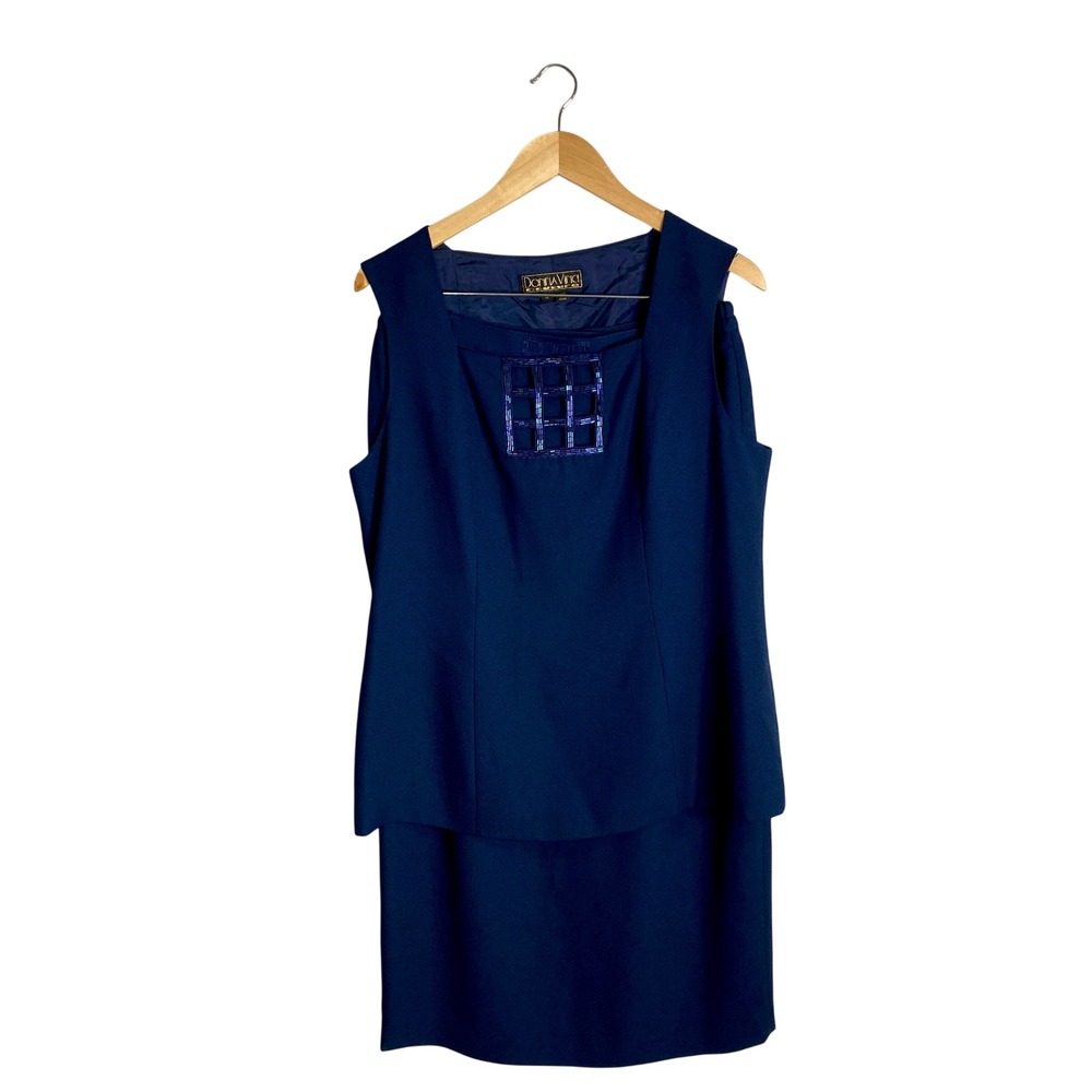Vintage Donna Vinci Couture Navy Skirt Suit 12 Beaded Cutout Formal Church 90s